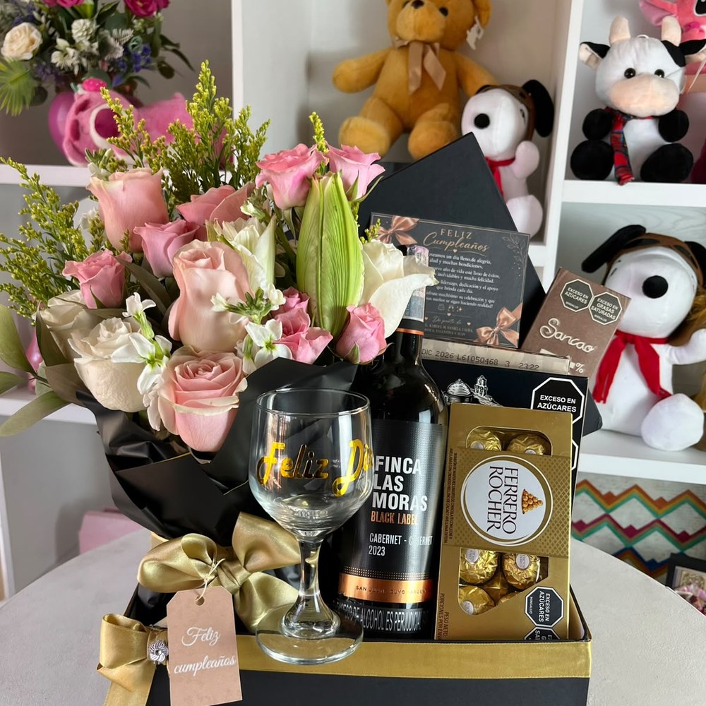 Box Feliz Cumpleaños con Vino y Flores