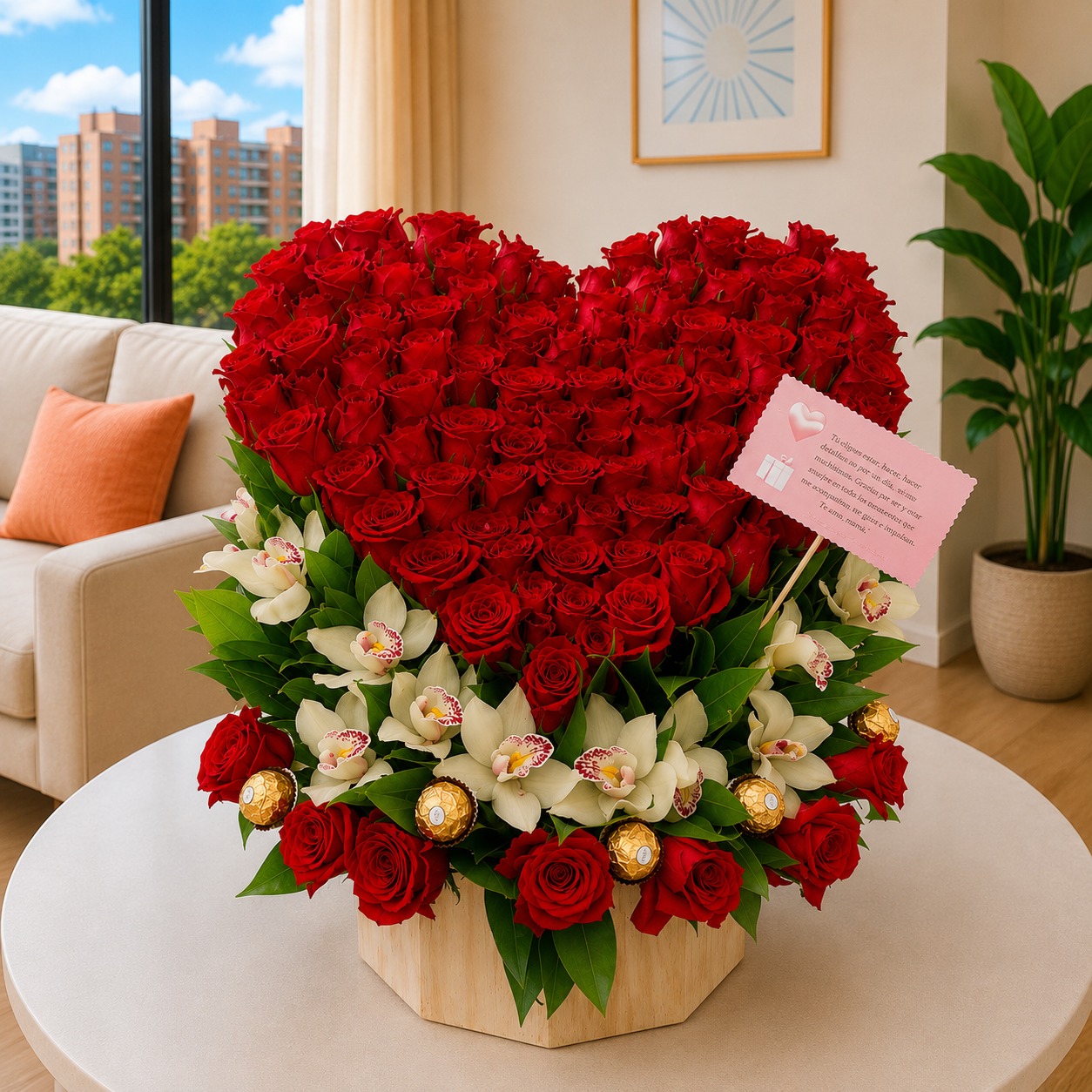 Arreglo floral Corazón de rosas y orquídeas