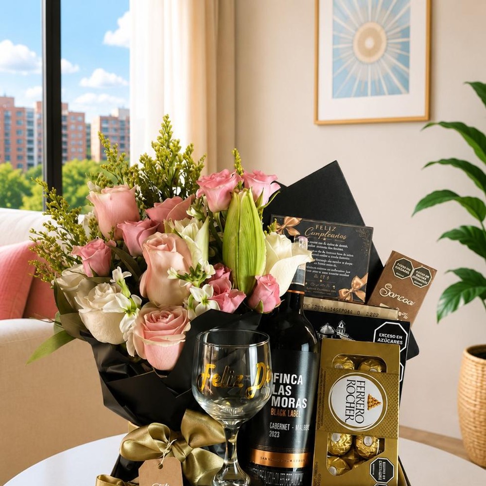 Premium Birthday Box with Wine, Roses & Glass
